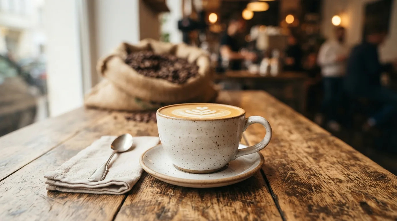 Taza de café artesanal sobre mesa rústica de madera con iluminación natural