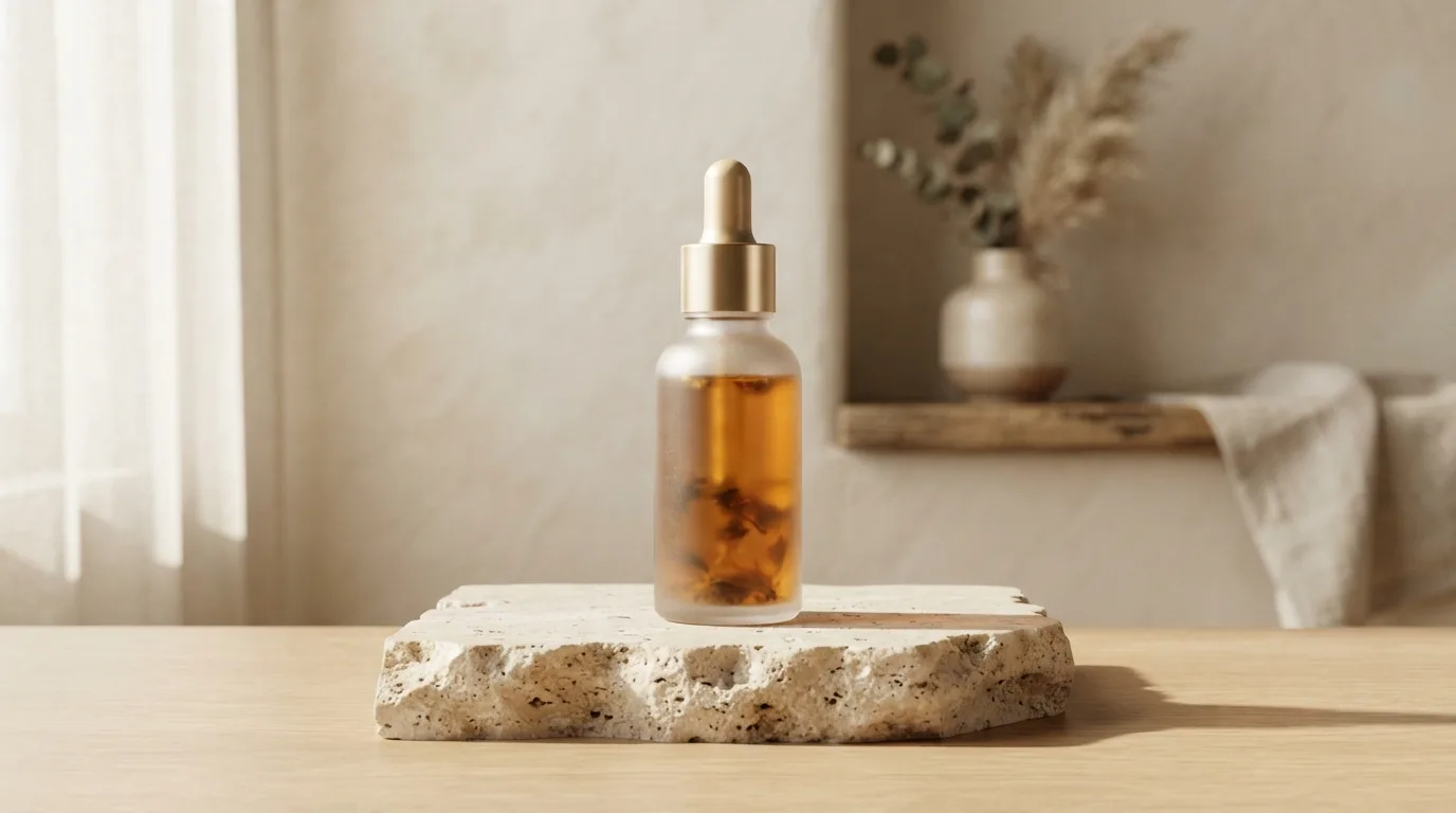 Botella de cosmética sobre pedestal de piedra con iluminación natural suave para ecommerce